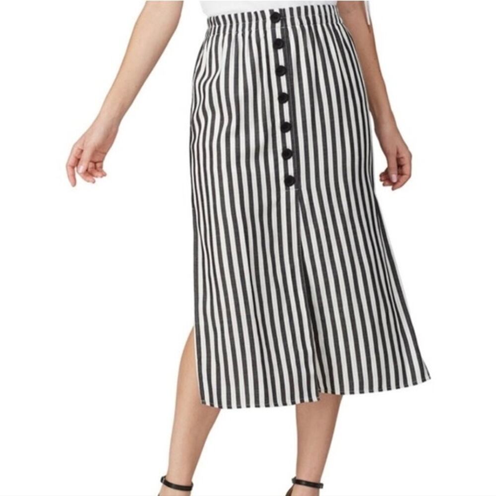 CUPCAKES AND CASHMERE Black White Striped Faux Front Button Midi Skirt Size 2
